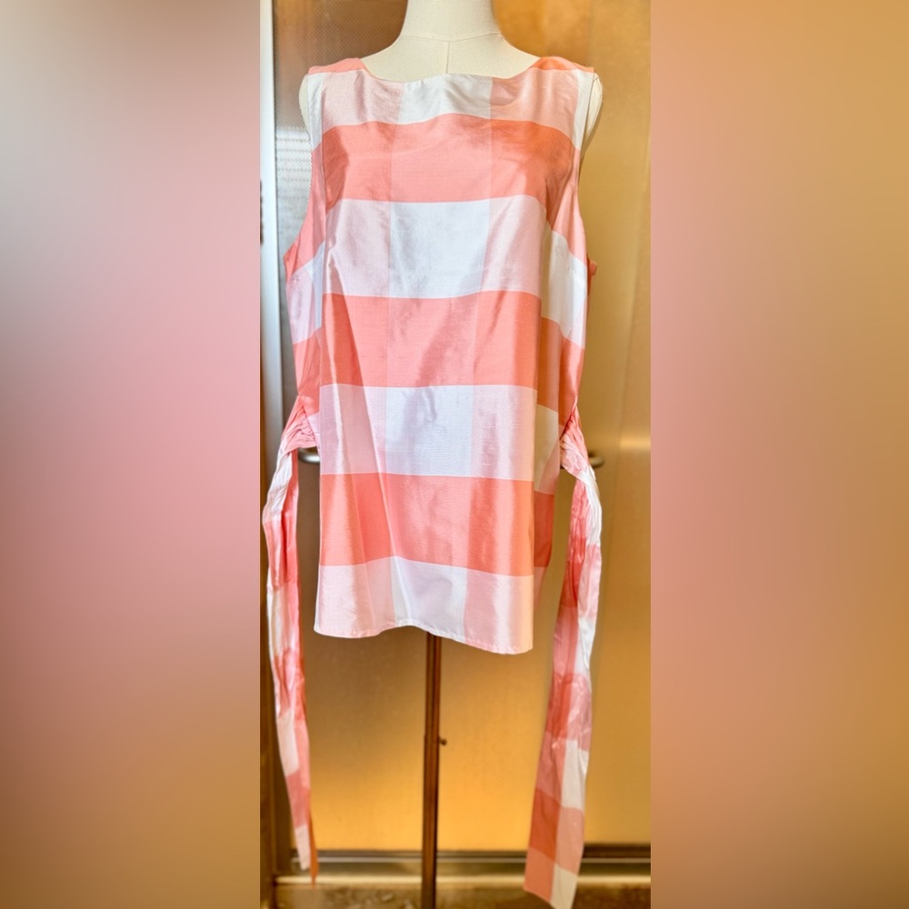 SARA CAMPBELL Silk Peach Plaid Bow Sash Tie Waist Sleeveless Blouse Fully Lined - Picture 11 of 16